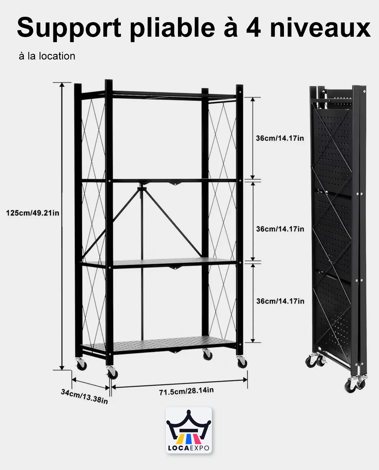 4e- Support pliable à 4 niveaux sur roulettes
