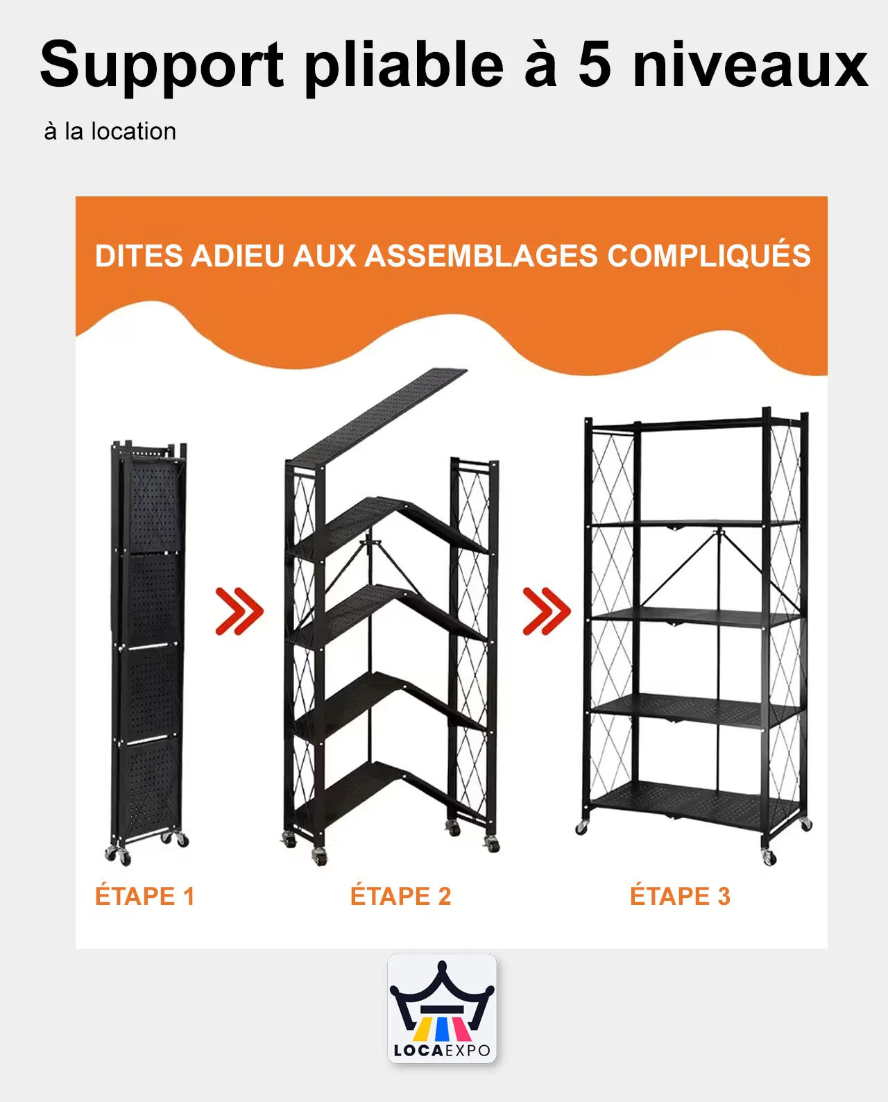 4d- Support pliable à 5 niveaux sur roulettes